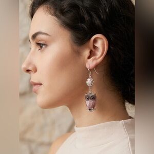 Artisan Mauve Owl & Cloisonné Hand wrapped wire Earrings